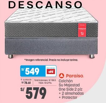 Plaza Vea Paraiso Colchón Su Majestad One Side 2 plz + 2 almohadas + Protector oferta