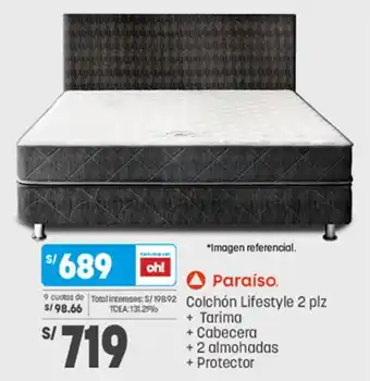 Plaza Vea Paraíso Colchón Lifestyle 2 plz + Tarima + Cabecera + 2 almohadas + Protector oferta
