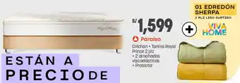 Plaza Vea Paraíso Colchón + Tarima Royal Prince 2 plz +2 almohadas viscoelásticas + Protector + EDREDÓN SHERPA 2 PLZ LISO SURTIDO oferta