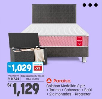 Plaza Vea Paraíso Colchón Medallón 2 plz + Tarima + Cabecera + Baúl + 2 almohadas + Protector oferta