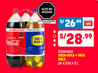 Plaza Vea Gaseosas COCA-COLA + INCA KOLA pk x 3 bt x 3 L oferta