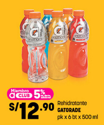 Plaza Vea Rehidratante GATORADE pk x 6 bt x 500 ml oferta