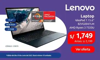 Plaza Vea Lenovo Laptop IdeaPad 1 15.6" 82VG0047LM AMD Ryzen 3 7320U oferta