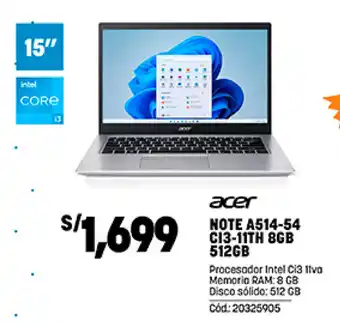 Plaza Vea acer NOTE A514-54 C13-11TH 8GB 512GB oferta