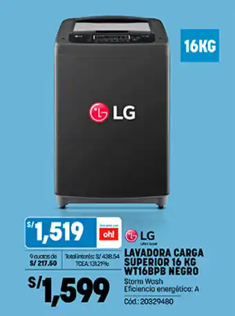 Plaza Vea LG LAVADORA CARGA SUPERIOR 16 KG WT16BPB NEGRO oferta