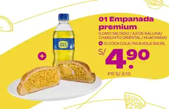 Tambo 01 Empanada premium (LOMO SALTADO / AJÍ DE GALLINA/ CHANCHITO ORIENTAL/HUACHANA) +01 COCA COLA/INCA KOLA 300 ML oferta
