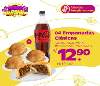 Tambo 04 Empanadas Clásicas (CARNE / POLLO / MIXTA) + 01 COCA COLA / INCA KOLA 1 L oferta
