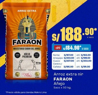 Makro Arroz extra nir FARAON Añejo Saco x 50 kg. oferta