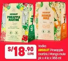 Plaza Vea Vodka ABSOLUT Pineapple C/PK martini/Mango mule pk x4 lax 355 ml oferta