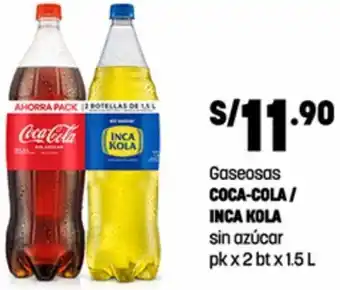 Plaza Vea Gaseosas COCA-COLA/ INCA KOLA sin azúcar pk x 2 bt x 1.5 L oferta