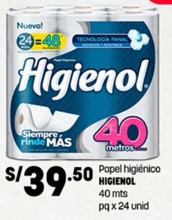 Plaza Vea Papel higiénico HIGIENOL 40 mts pq x 24 unid oferta