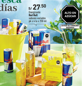 Plaza Vea Energizante Red Bull sabores variados pk x 4 la x 250 ml oferta