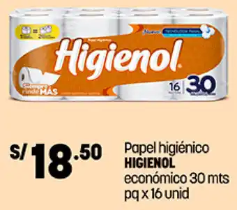 Plaza Vea Papel higiénico HIGIENOL económico 30 mts pq x 16 unid oferta
