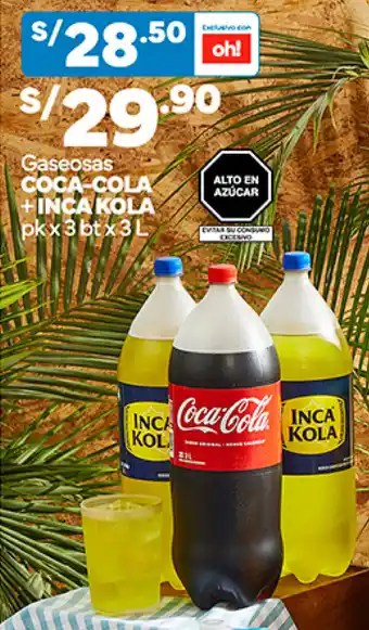 Plaza Vea Gaseosas COCA-COLA +INCA KOLA pkx3 btx3L oferta