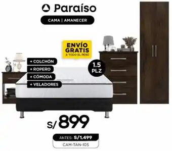 La Curacao Paraíso CAMA | AMANECER + COLCHÓN + ROPERO + CÓMODA + VELADORES 1.5 plz oferta