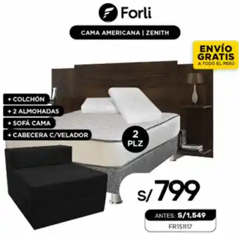 2 PLZ CAMA AMERICANA | ZENITH + COLCHÓN + 2 ALMOHADAS + SOFÁ CAMA + CABECERA C/VELADOR 2 PLZ