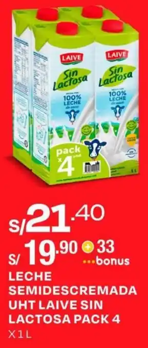 Wong LECHE SEMIDESCREMADA UHT LAIVE SIN LACTOSA PACK 4 X1L oferta