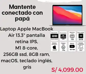 Coolbox Laptop Apple MacBook Air 13.3" pantalla retina IPS, M1 8-core, 256GB ssd, 8GB ram, macOS, teclado inglés, gris oferta