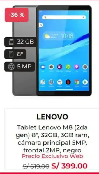 Coolbox LENOVO Tablet Lenovo M8 (2da gen) 8", 32GB, 3GB ram, cámara principal 5MP, frontal 2MP, negro Precio Exclusivo Web oferta