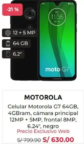 Coolbox MOTOROLA Celular Motorola G7 64GB, 4GBram, cámara principal 12MP + 5MP, frontal 8MP, 6.24", negro oferta