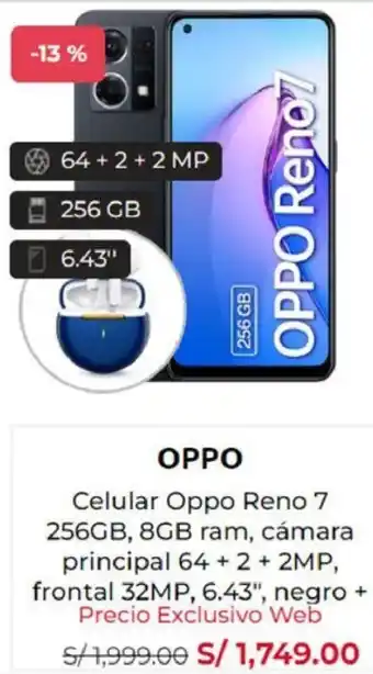 OPPO Celular Oppo Reno 7 256GB, 8GB ram, cámara principal 64 + 2 + 2MP, frontal 32MP, 6.43", negro + Precio Exclusivo Web