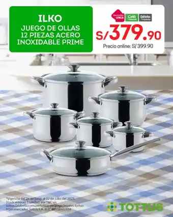 Tottus ILKO JUEGO DE OLLAS 12 PIEZAS ACERO INOXIDABLE PRIME oferta