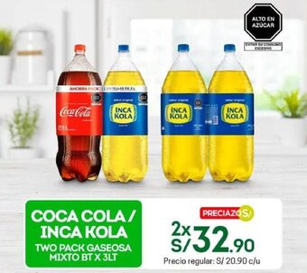 Tottus COCA COLA/ INCA KOLA TWO PACK GASEOSA MIXTO BT X 3LT oferta
