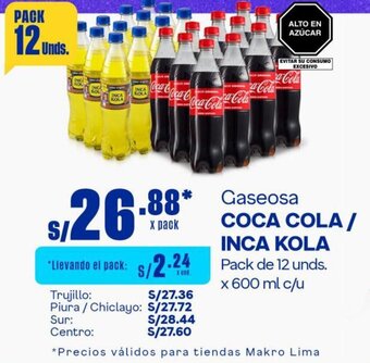 Makro Gaseosa COCA COLA / INCA KOLA Pack de 12 unds. x 600 ml c/u oferta