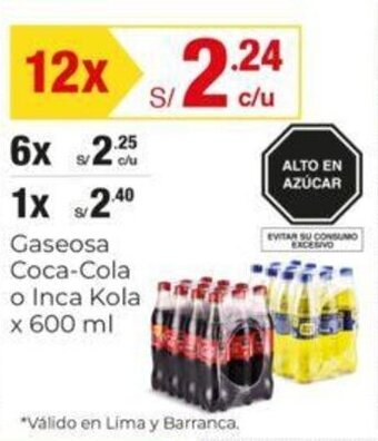 Metro Gaseosa Coca-Cola o Inca Kola x 600 ml x 12 oferta
