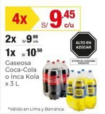 Metro Gaseosa Coca-Cola o Inca Kola x 3L x 4 oferta