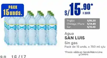 Makro Agua SAN LUIS Sin gas Pack de 15 unds. x 750 ml c/u oferta