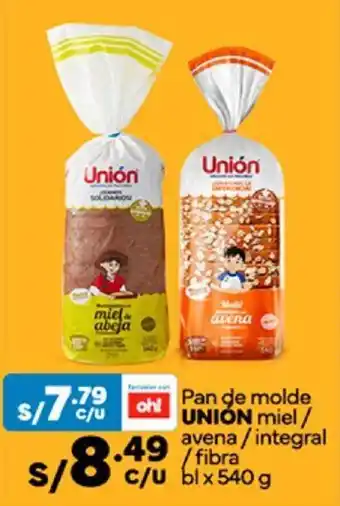 Plaza Vea Pan de molde UNIÓN miel/ avena/integral/fibra bl x 540g oferta