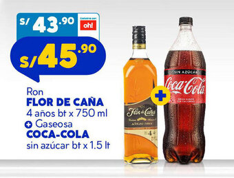 Mass Ron FLOR DE CAÑA 4 años bt x 750 ml + Gaseosa COCA-COLA sin azúcar bt x 1.5 It oferta