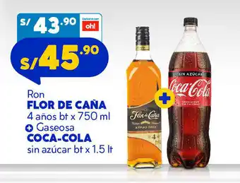 Mass Ron FLOR DE CAÑA 4 años bt x 750 ml + Gaseosa COCA-COLA sin azúcar bt x 1.5 It oferta