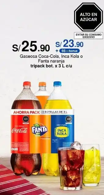 Metro Gaseosa Coca-Cola, Inca Kola o Fanta naranja tripack bot. x 3 L c/u oferta