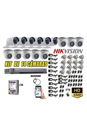 Tiendas EFE Kit hikvision 14 cámaras de seguridad hd 720p p2p con kit de micrófono + disco 2tb + cable hdmi oferta