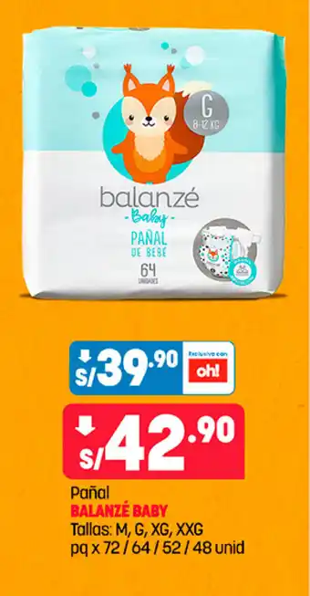 Plaza Vea Pañal BALANZE BABY Tallas: M, G, XG, XXG pq x 72/64/52/48 unid oferta