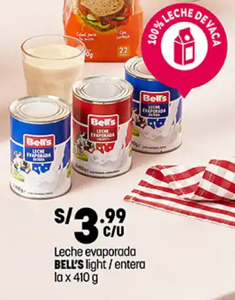 Plaza Vea Leche evaporada BELL'S light /entera la x 410g oferta