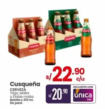 Vega Cusqueña CERVEZA Trigo, Malta o Doble malta Botella x 310 ml. Six pack oferta