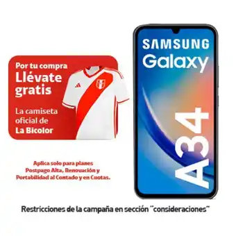 Galaxy a34 5g 256gb 5g negro + camiseta peru + portabilidad + postpago + plan max ilimitado 69.90 p