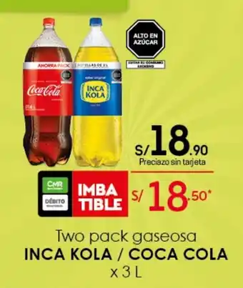 Tottus Two Pack Gaseosa Inca Kola/Coca Cola x3L oferta