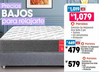 Plaza Vea Paraíso Colchón Su Majestad One Side 2 plz + Tarima + 02 almohadas + Protector oferta