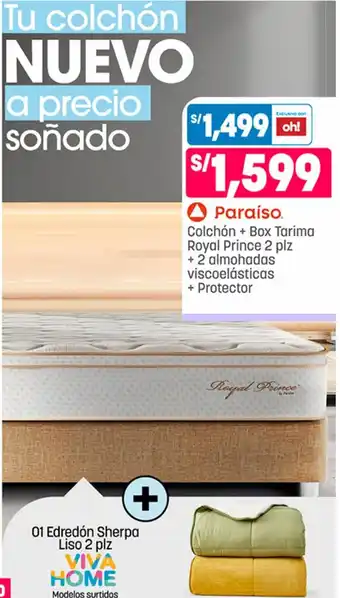 Plaza Vea Paraíso. Colchón + Box Tarima Royal Prince 2 plz + 2 almohadas viscoelásticas + Protector oferta