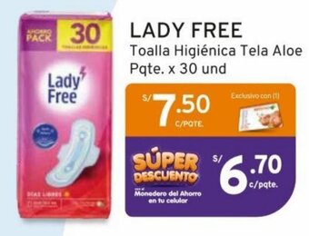 Mifarma LADY FREE Toalla Higiénica Tela Aloe Pqte. x 30 und oferta