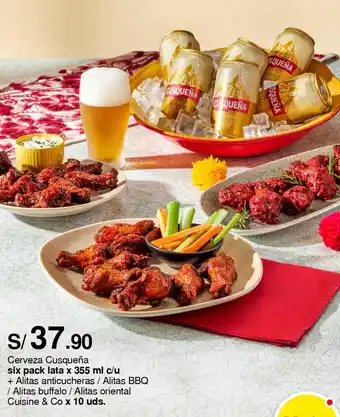 Metro Cerveza Cusqueña 6 lata x 355ml + Alitas anticucheras/ Alitas BBQ / Alitas buffalo / Alitas oriental Cuisine & Co x 10 uds. oferta
