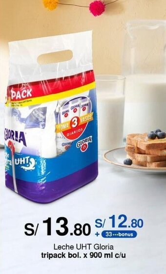 Metro Leche UHT Gloria tripack bol. x 900 ml c/u oferta