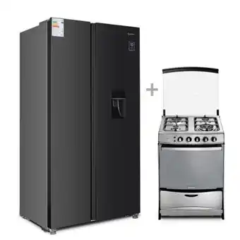 Hiraoka Refrigeradora side by side miray rm-524h no frost 518 l + cocina a glp miray fucsia plus 4 hornillas oferta