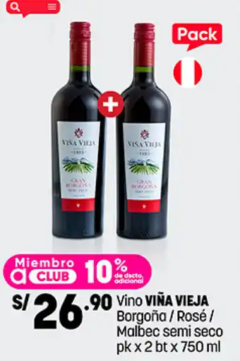 Plaza Vea Vino VIÑA VIEJA Borgoña / Rosé / Malbec semi seco pk x 2 bt x 750 ml oferta