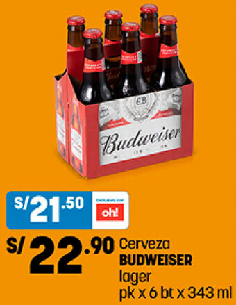 Plaza Vea Cerveza BUDWEISER lager pk x 6 bt x 343 ml oferta