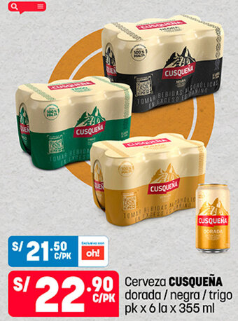 Plaza Vea Cerveza cUSQUEÑA dorada / negra / trigo pk x 6 lax 355 ml oferta